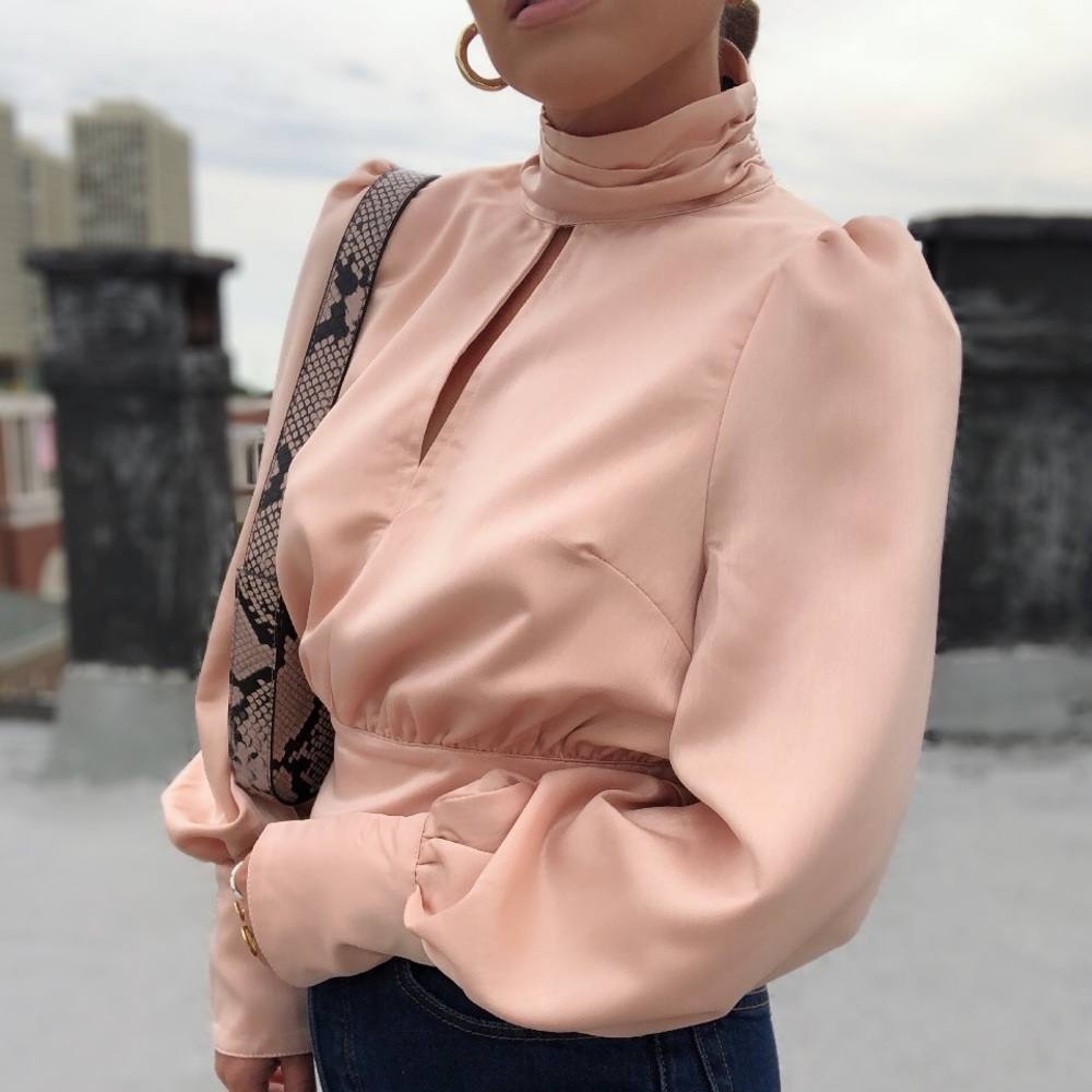 Kelis Satin High Neck Puff Sleeve Blouse - Peach - Picture 6 of 8